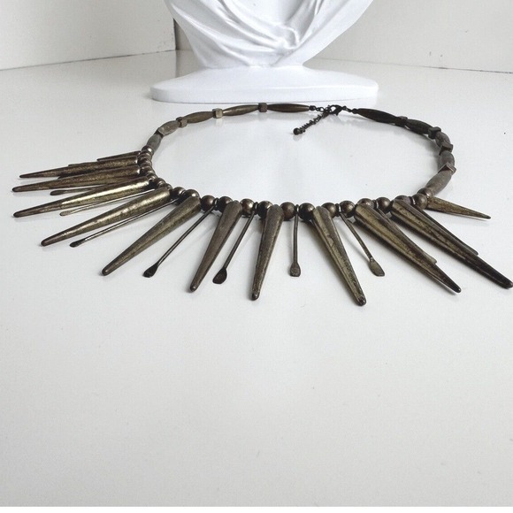 Antiqued Brass Tone Spike Fringe Statement‎ Necklace Industrial Punk Collar J-01 - Picture 11 of 11